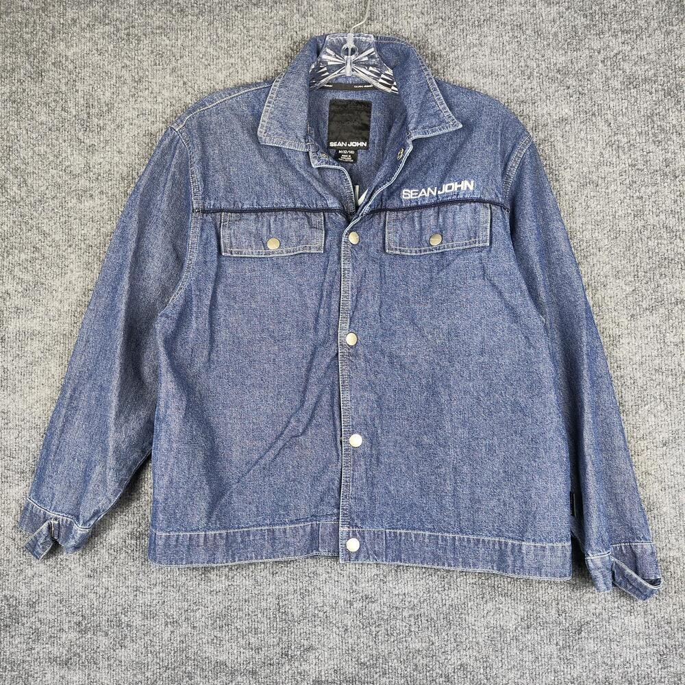 Sean John Shirt Jacket Boys 12-14 Blue Denim Snap Front Logo Back Graphic